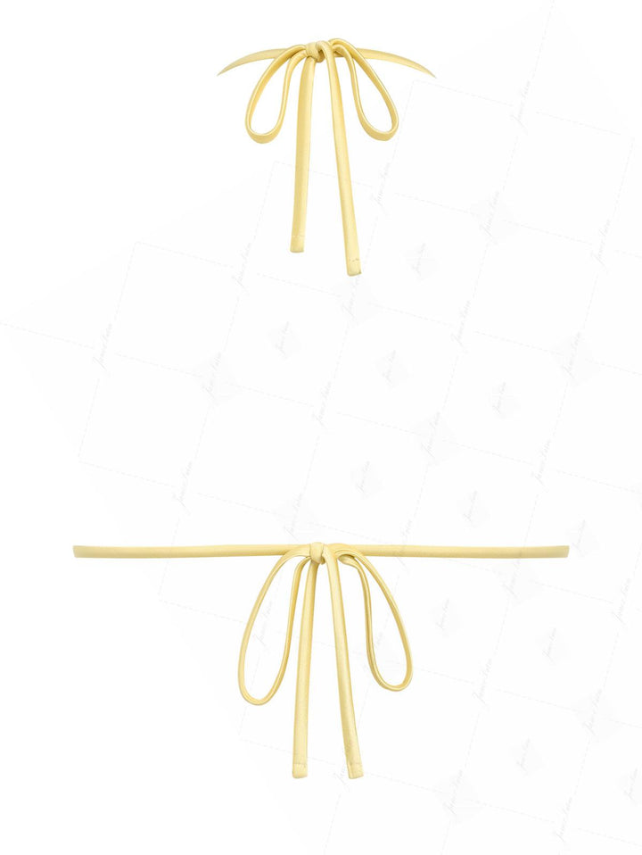 Coffee Satin Contrast Color Ruched Halter Triangle Bikini Top