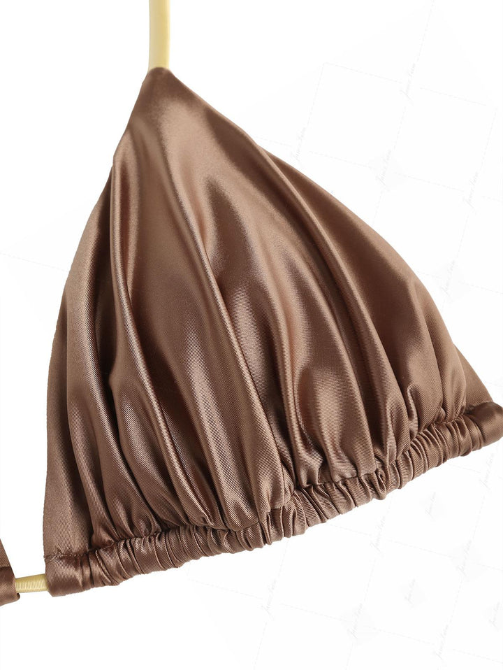 Coffee Satin Contrast Color Ruched Halter Triangle Bikini Top