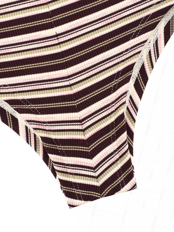 Seamolly 3 Piece Striped Halter Triangle Push Up Brazilian Cheeky Boyshort Bikini Set