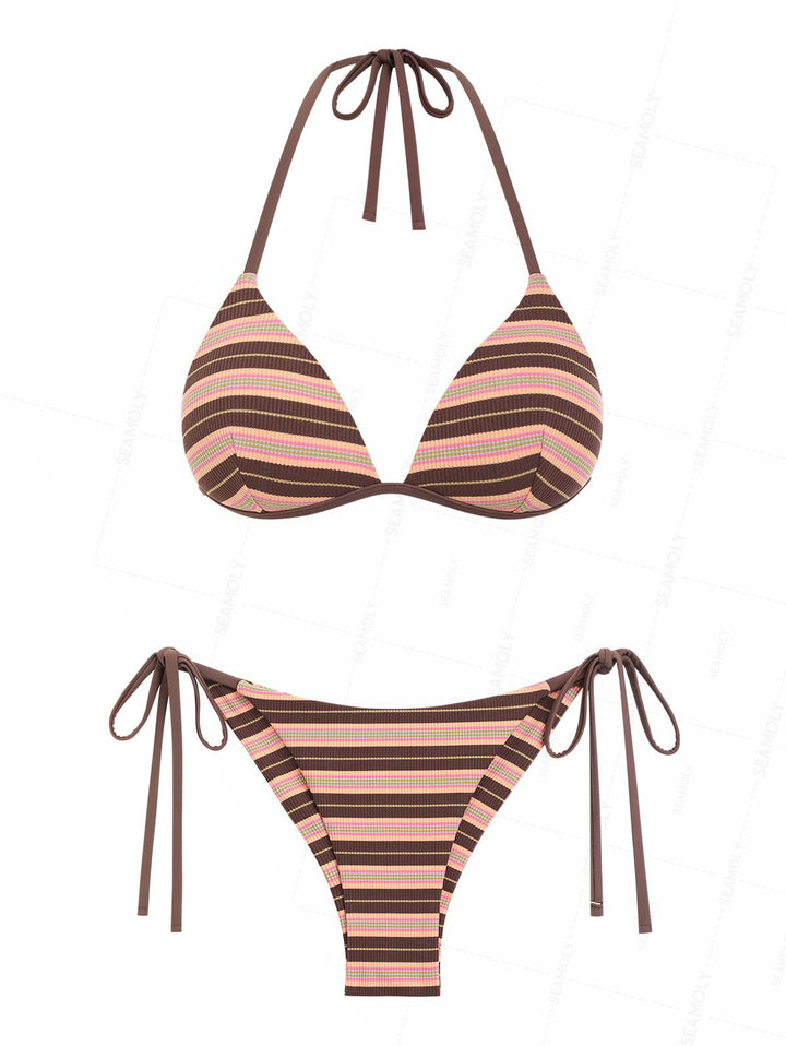 Seamolly Striped Triangle Push Up Top & Cheeky Brazilian Bottom Bikini Set