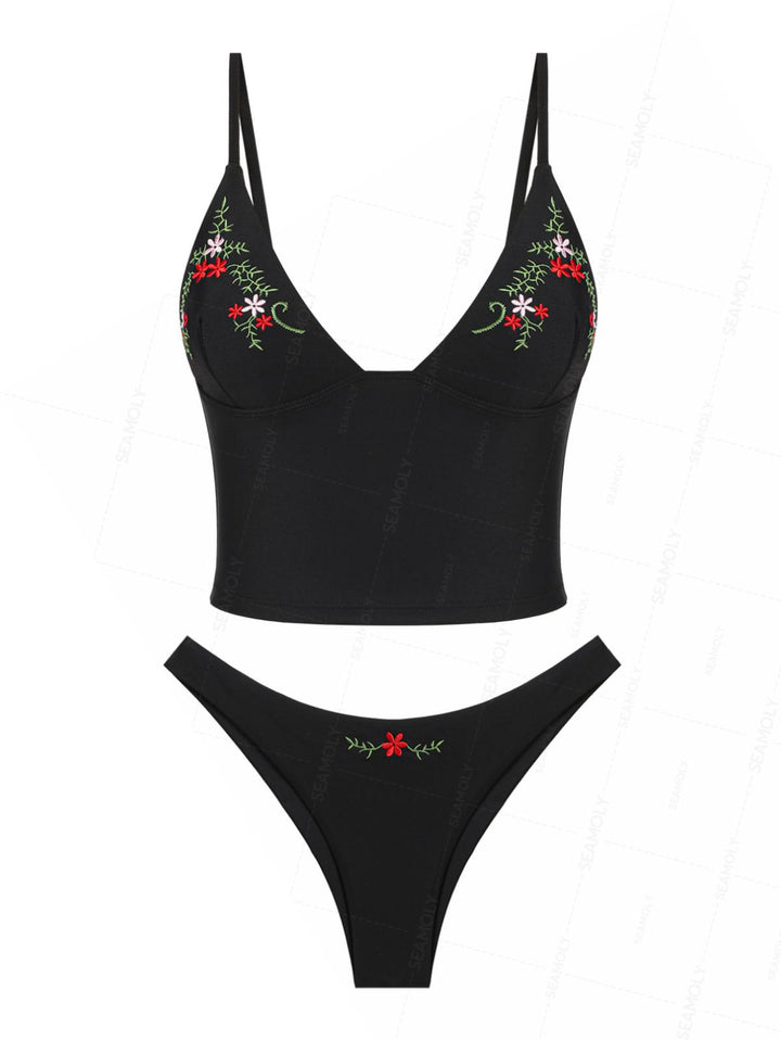 Seamolly Floral Embroidered Cami Tank Top & Cheeky Brazilian Bottom Tankini Set