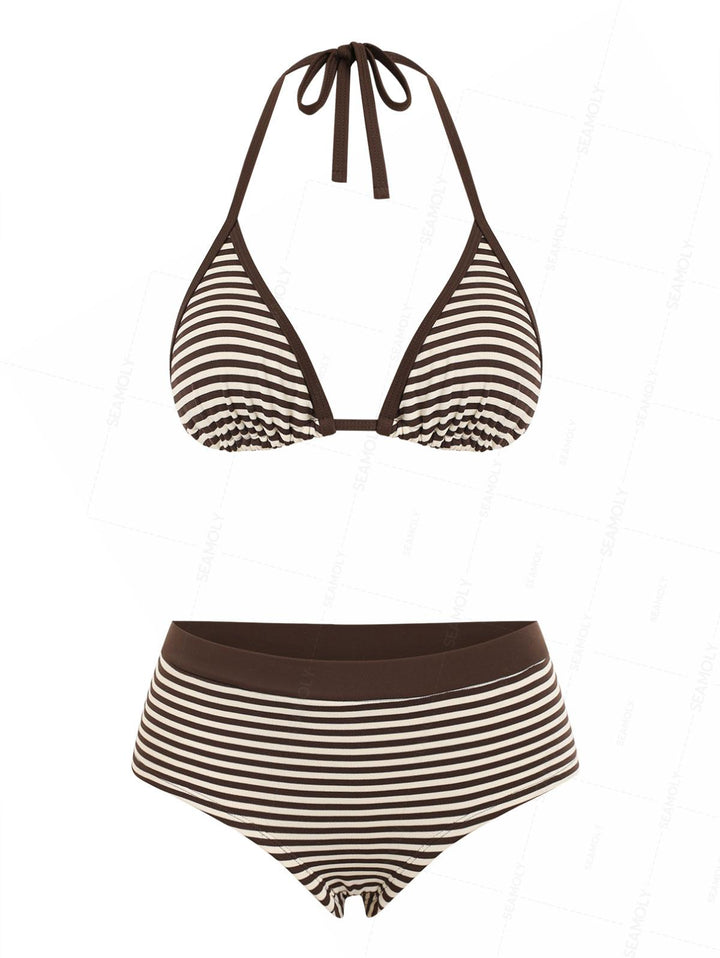 Seamolly Ribbed Knit Striped Contrast Binding Cheeky Boyshorts Bikini Set