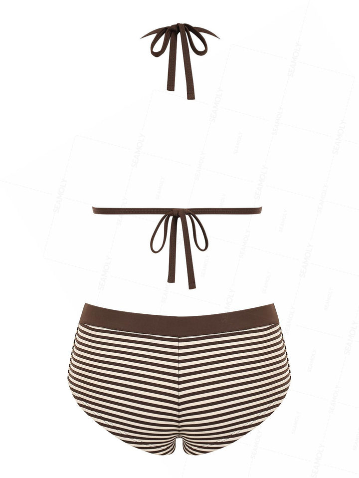 Seamolly Ribbed Knit Striped Contrast Binding Cheeky Boyshorts Bikini Set