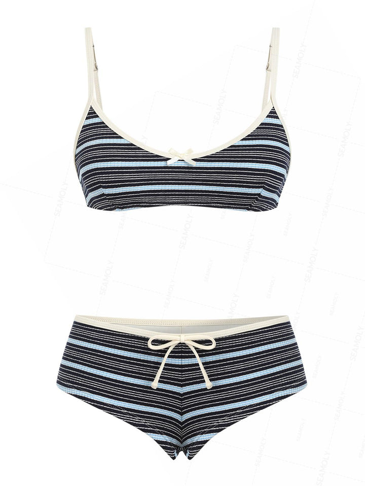 Seamolly Ribbed Knit Striped Tank Style Cheeky Boyshorts Bikini Set