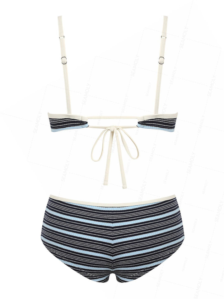 Seamolly Ribbed Knit Striped Tank Style Cheeky Boyshorts Bikini Set
