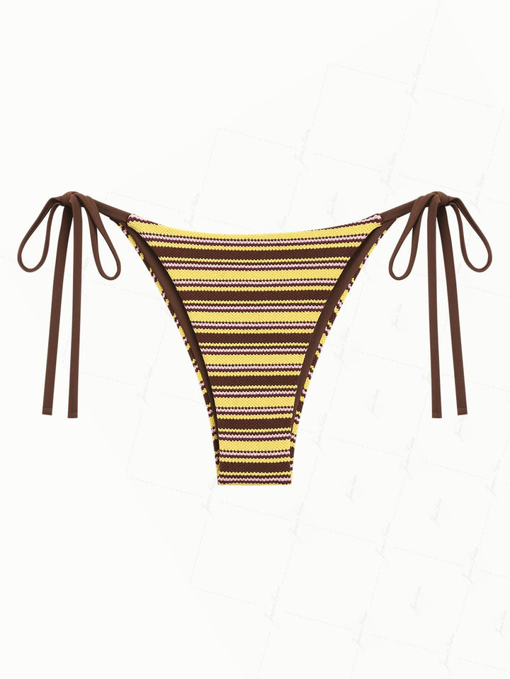 Yellow Knit Striped Textured Tie Side String Bikini Bottom