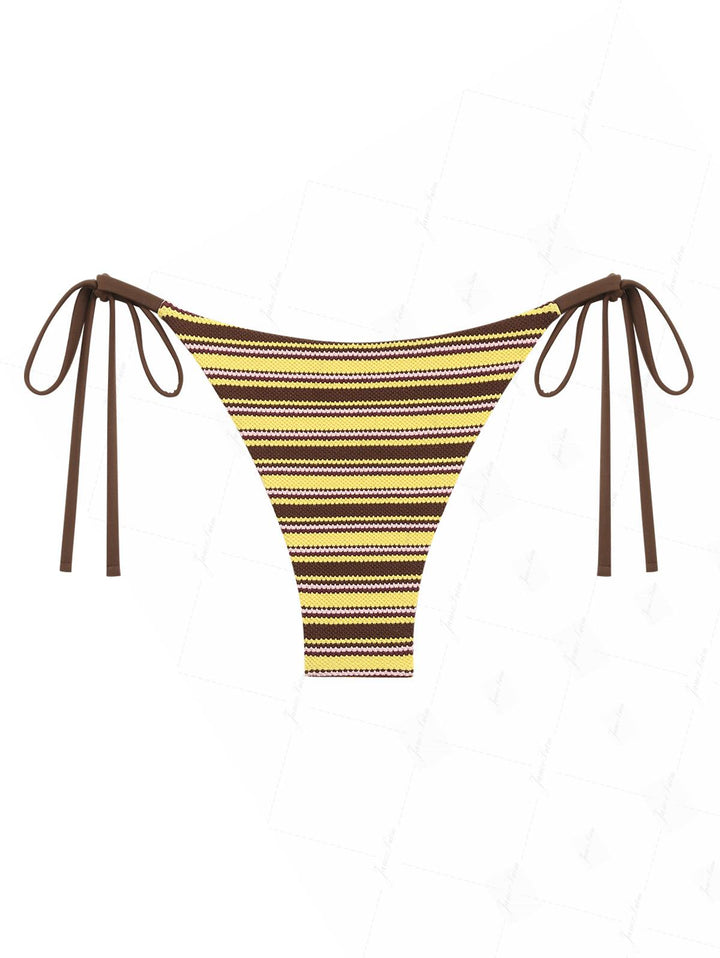 Yellow Knit Striped Textured Tie Side String Bikini Bottom