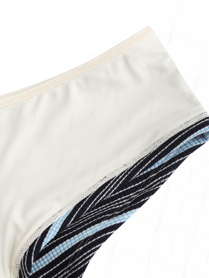 Seamolly Ribbed Knit Striped Tank Style Cheeky Boyshorts Bikini Set