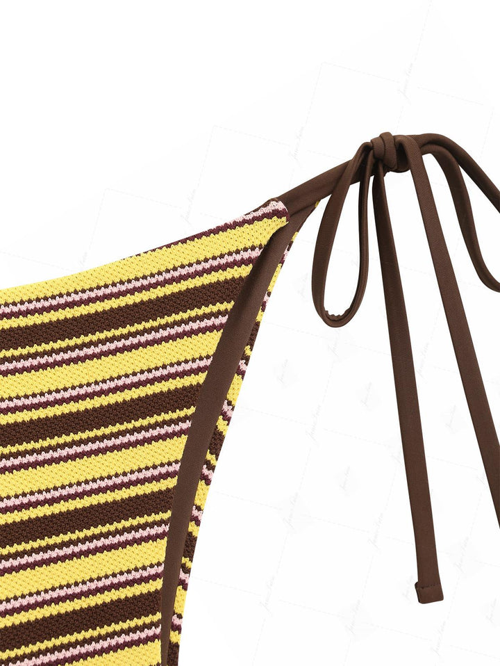 Yellow Knit Striped Textured Tie Side String Bikini Bottom