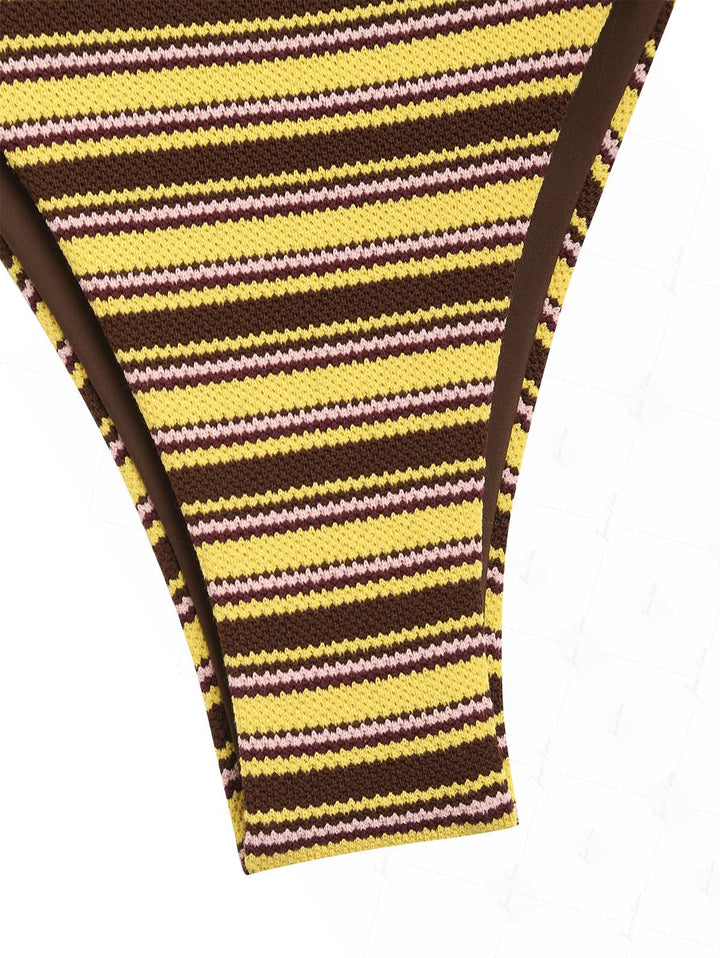 Yellow Knit Striped Textured Triangle Push Up Bikini Set