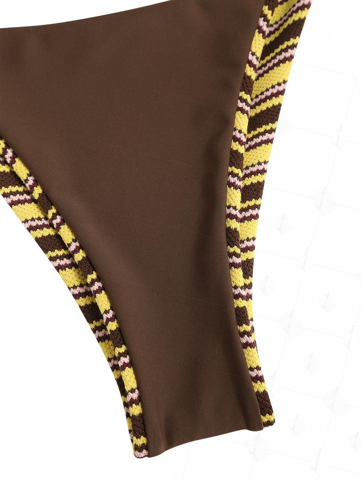 Yellow Knit Striped Textured Tie Side String Bikini Bottom