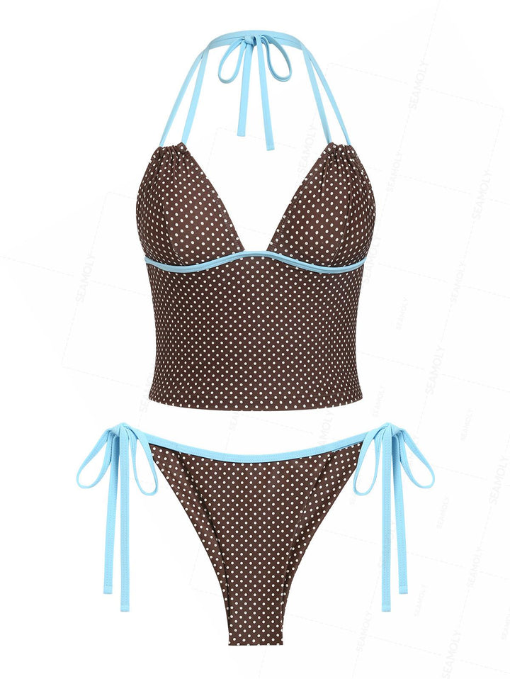 Seamolly 3 Piece Polka Dot Print Halter Brazilian Cheeky Boyshort Tankini Set