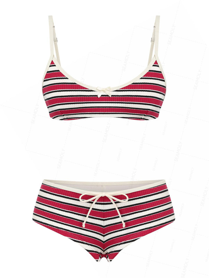 Seamolly Ribbed Knit Striped Tank Style Cheeky Boyshorts Bikini Set