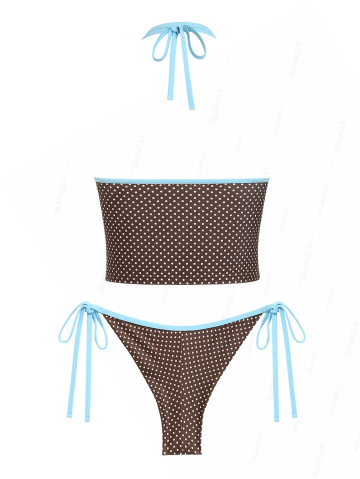 Seamolly 3 Piece Polka Dot Print Halter Brazilian Cheeky Boyshort Tankini Set