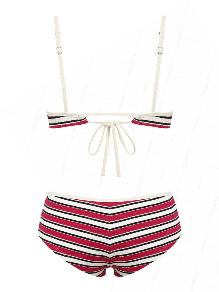 Seamolly Ribbed Knit Striped Tank Style Cheeky Boyshorts Bikini Set