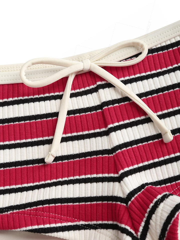 Seamolly Ribbed Knit Striped Tank Style Cheeky Boyshorts Bikini Set