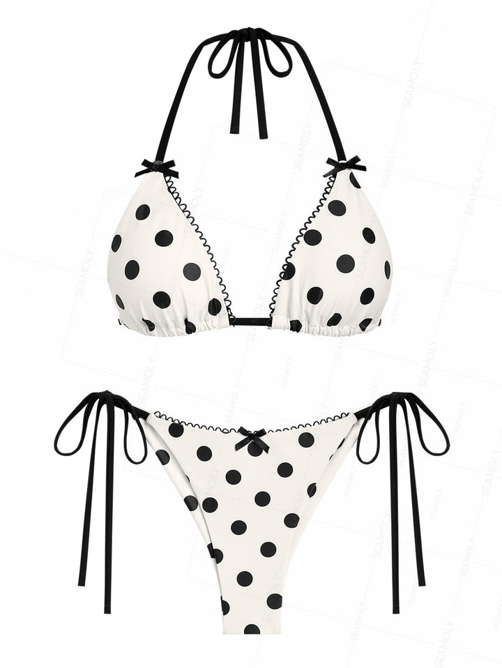 Seamolly Polka Dot Picot Trim Triangle Top & Cheeky Brazilian Bottom Bikini Set