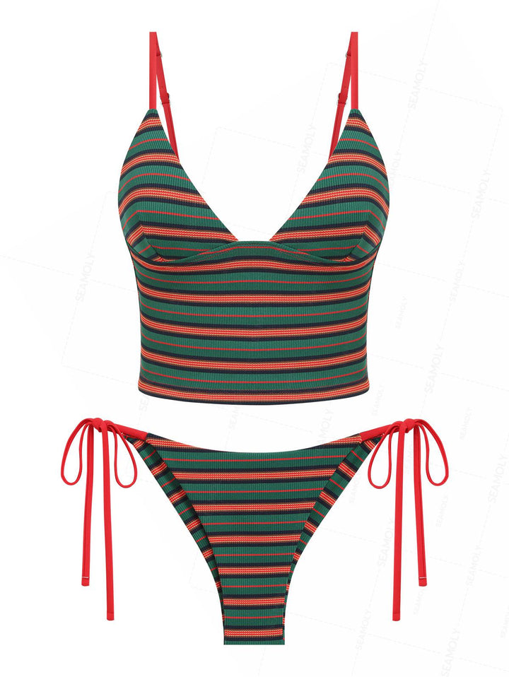Seamolly Striped Plunging Neck Tank Top & Cheeky Brazilian Bottom Tankini Set