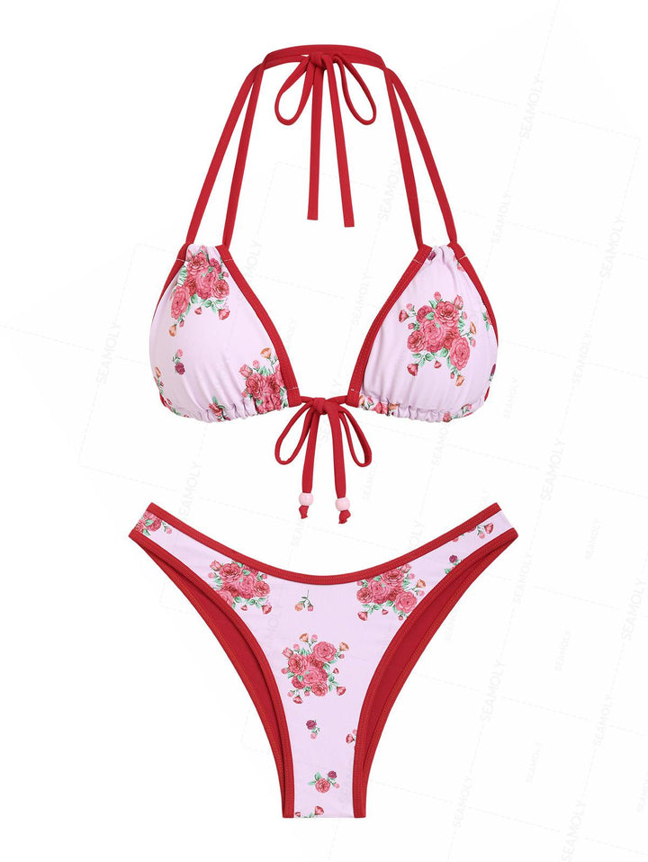 Seamolly Floral Print Beading Contrast Binding Triangle Bikini Set