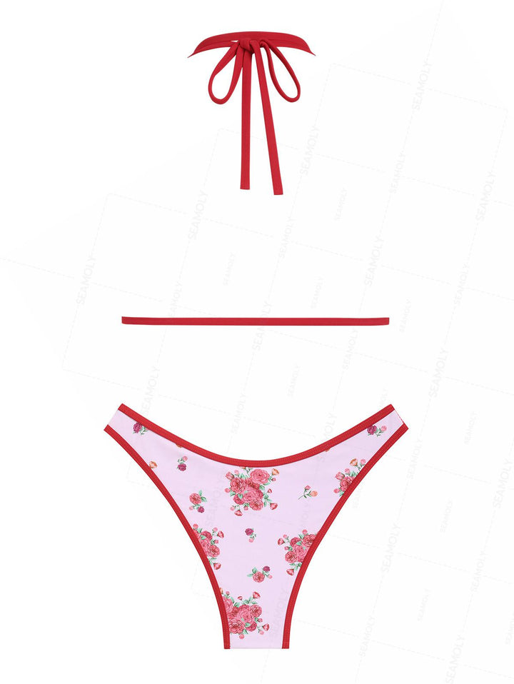 Seamolly Floral Print Beading Contrast Binding Triangle Bikini Set