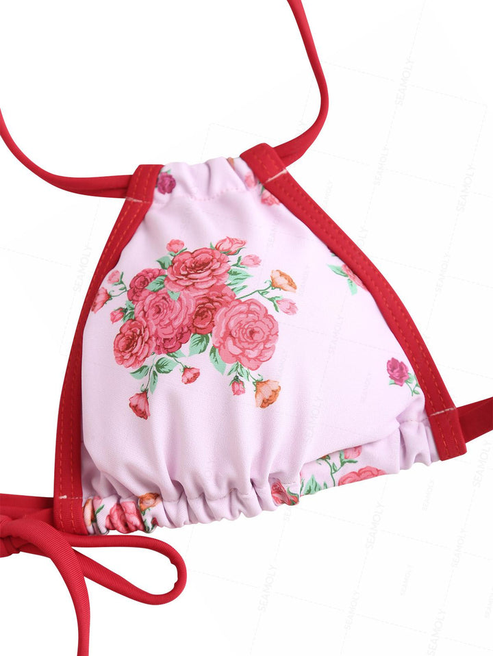 Seamolly Floral Print Beading Contrast Binding Triangle Bikini Set