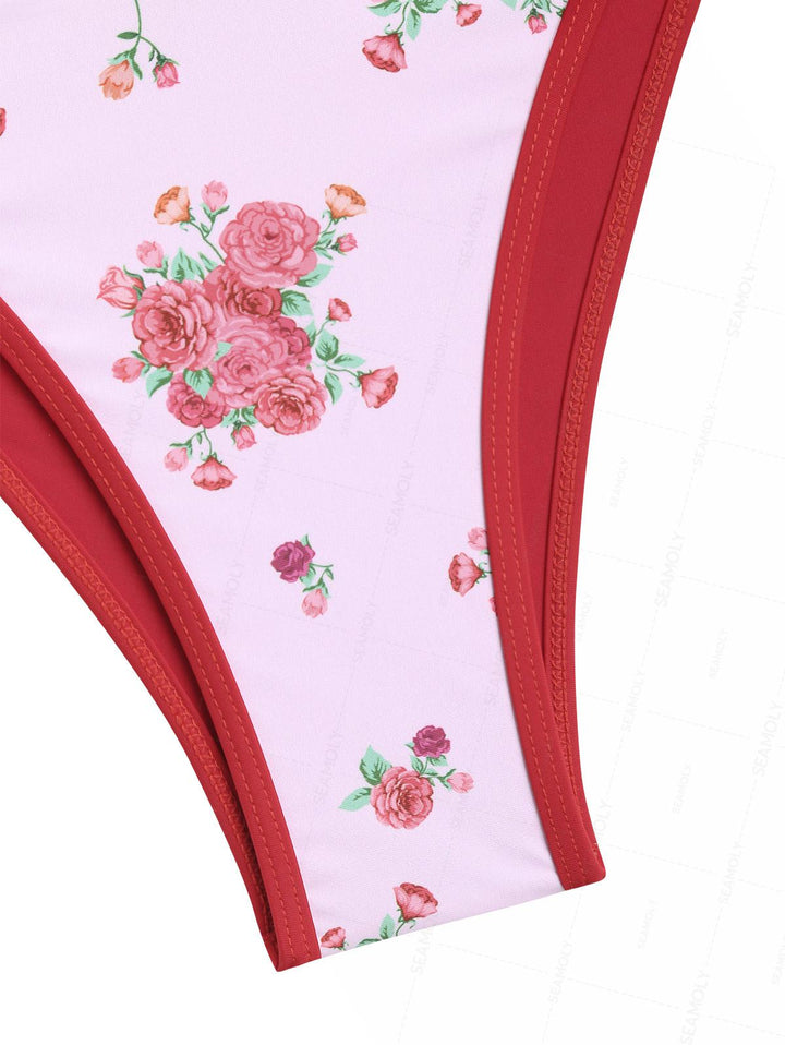 Seamolly Floral Print Beading Contrast Binding Triangle Bikini Set