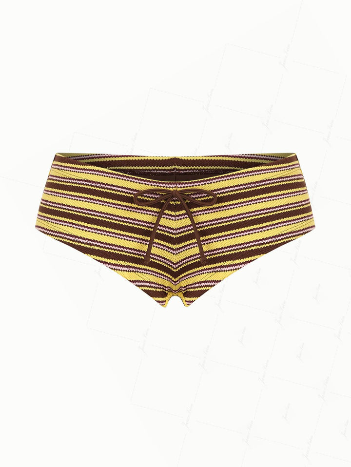 Yellow Knit Striped Textured Bikini Bottom Cheeky Swim Boyshorts