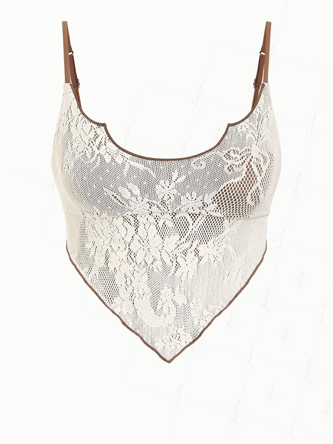Crystal Cream Lace Contrast Piping Hanky Hem Cinched Tankini Top
