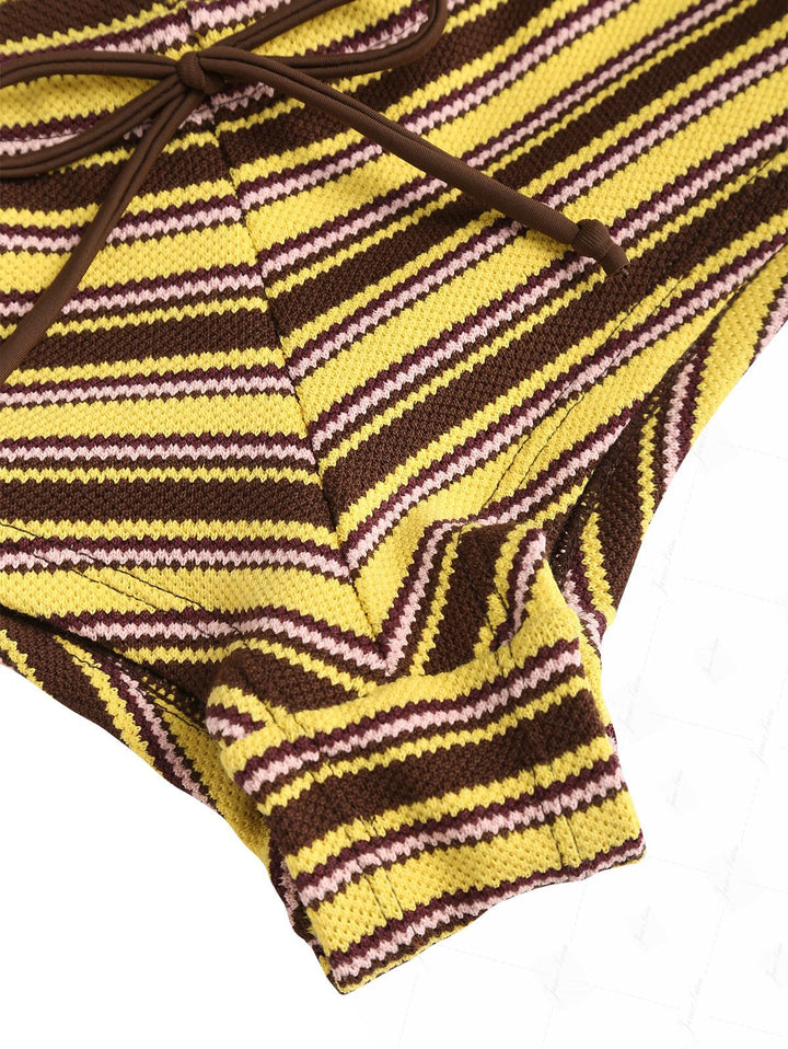 Yellow Striped Textured Triangle Push Up Top & Cheeky Boyshorts Bikini Set