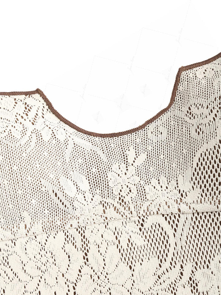 Crystal Cream Lace Contrast Piping Hanky Hem Cinched Tankini Top