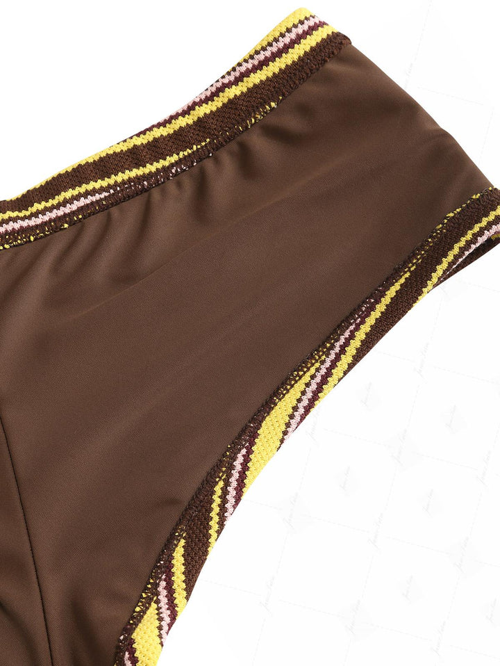 Yellow Striped Textured Triangle Push Up Top & Cheeky Boyshorts Bikini Set