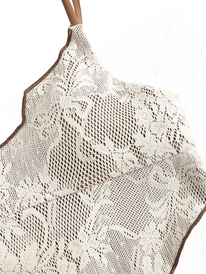 Crystal Cream Lace Contrast Piping Hanky Hem Cheeky Boyshorts Tankini Set