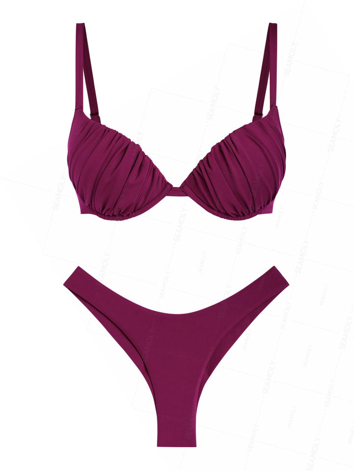 Seamolly Solid Color Ruched Underwire Push Up Top & Cheeky Brazilian Bottom Bikini Set