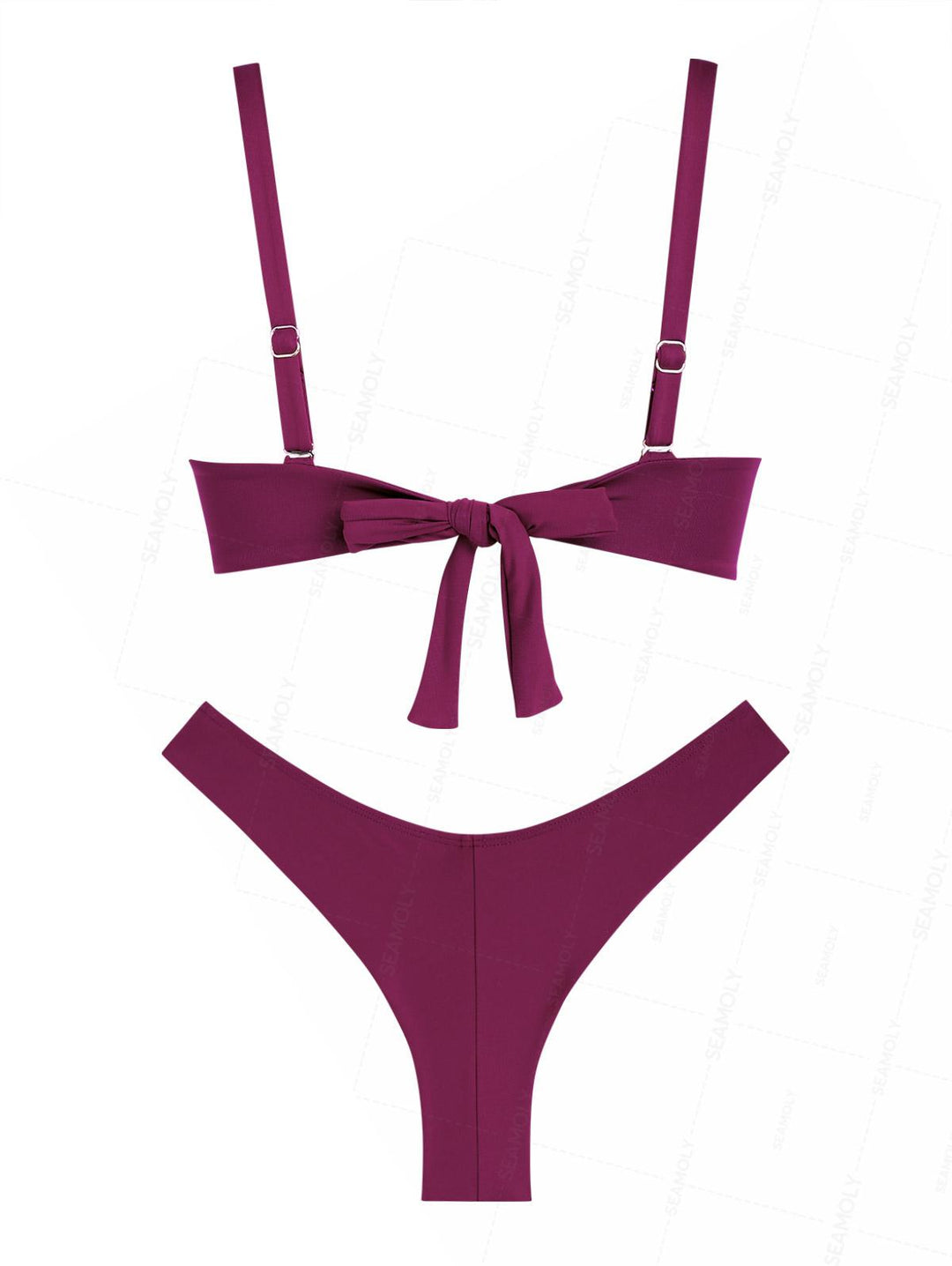 Seamolly Solid Color Ruched Underwire Push Up Top & Cheeky Brazilian Bottom Bikini Set