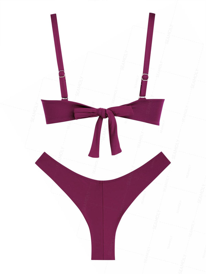 Seamolly Solid Color Ruched Underwire Push Up Top & Cheeky Brazilian Bottom Bikini Set