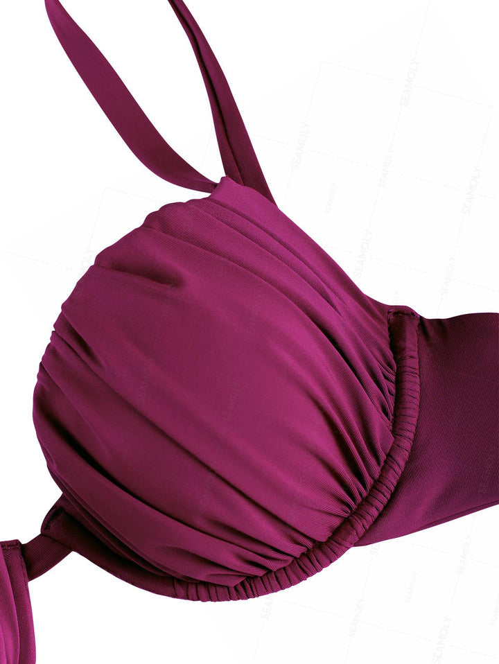 Seamolly Solid Color Ruched Underwire Push Up Top & Cheeky Brazilian Bottom Bikini Set