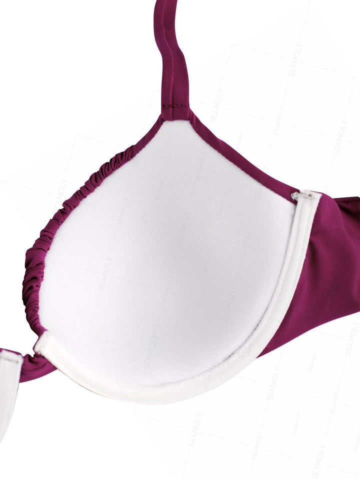 Seamolly Solid Color Ruched Underwire Push Up Top & Cheeky Brazilian Bottom Bikini Set