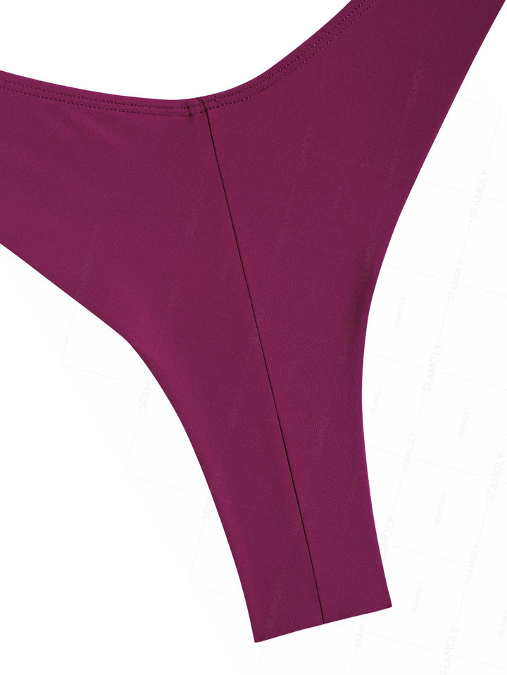 Seamolly Solid Color Ruched Underwire Push Up Top & Cheeky Brazilian Bottom Bikini Set