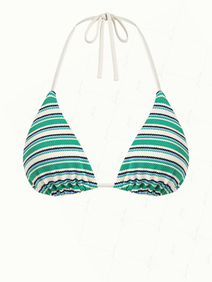 Green Knit Striped Textured Halter Triangle Bikini Top