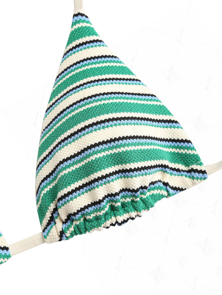 Green Knit Striped Textured Halter Triangle Bikini Set