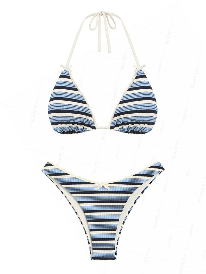 Seamolly Ribbed Knit Striped Lace Bowknot Halter Triangle Bikini Set