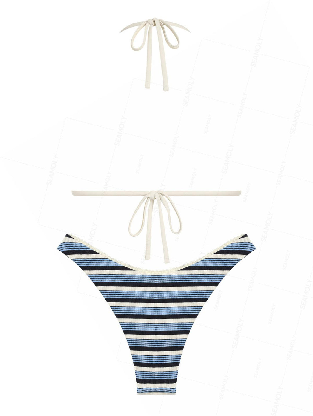 Seamolly Ribbed Knit Striped Lace Bowknot Halter Triangle Bikini Set
