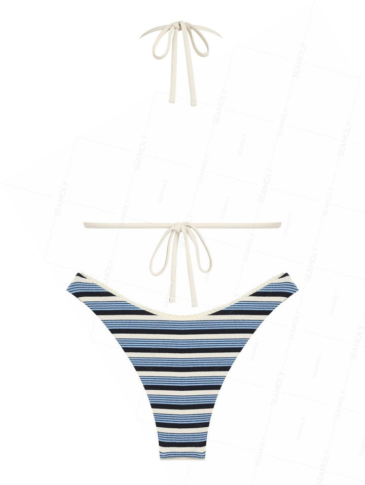 Seamolly Ribbed Knit Striped Lace Bowknot Halter Triangle Bikini Set