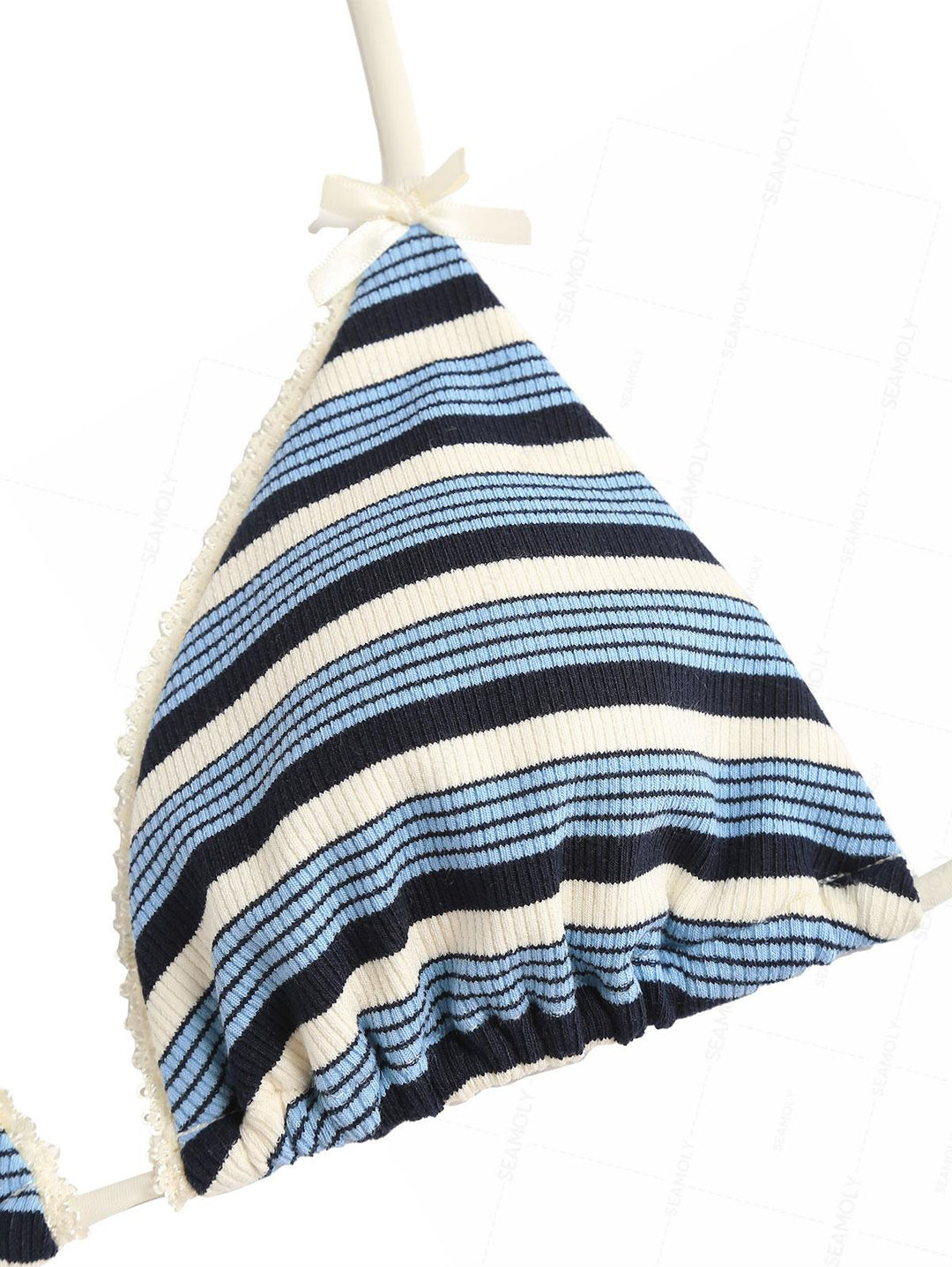 Seamolly Ribbed Knit Striped Lace Bowknot Halter Triangle Bikini Set