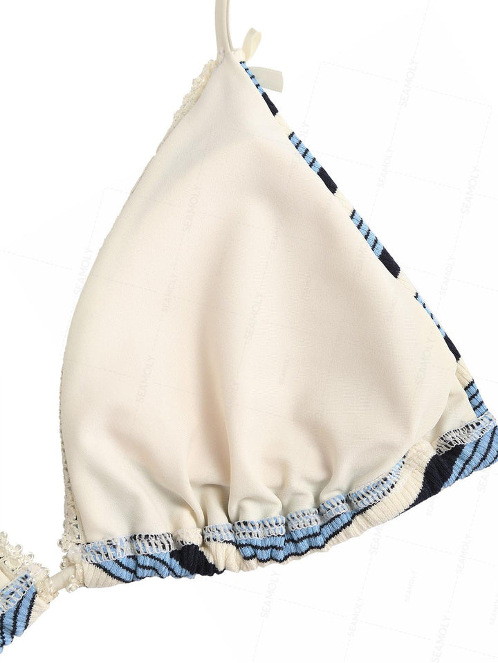 Seamolly Ribbed Knit Striped Lace Bowknot Halter Triangle Bikini Set