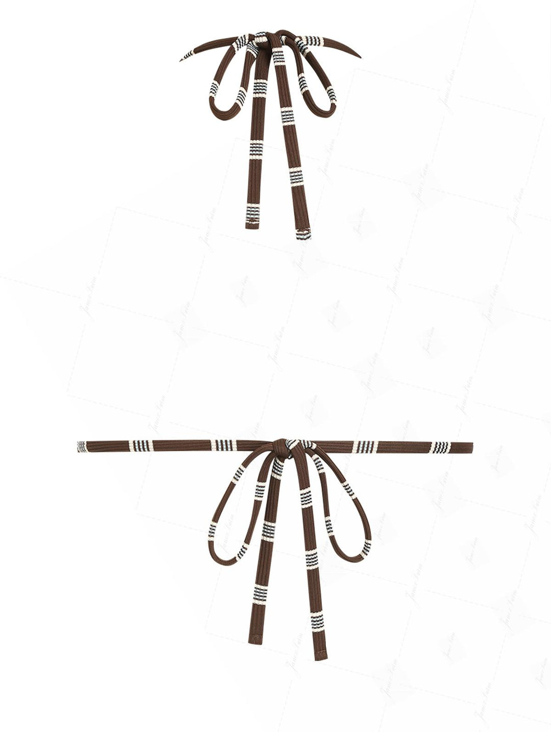 Deep Coffee Striped Lace Bowknot Halter Triangle Bikini Top