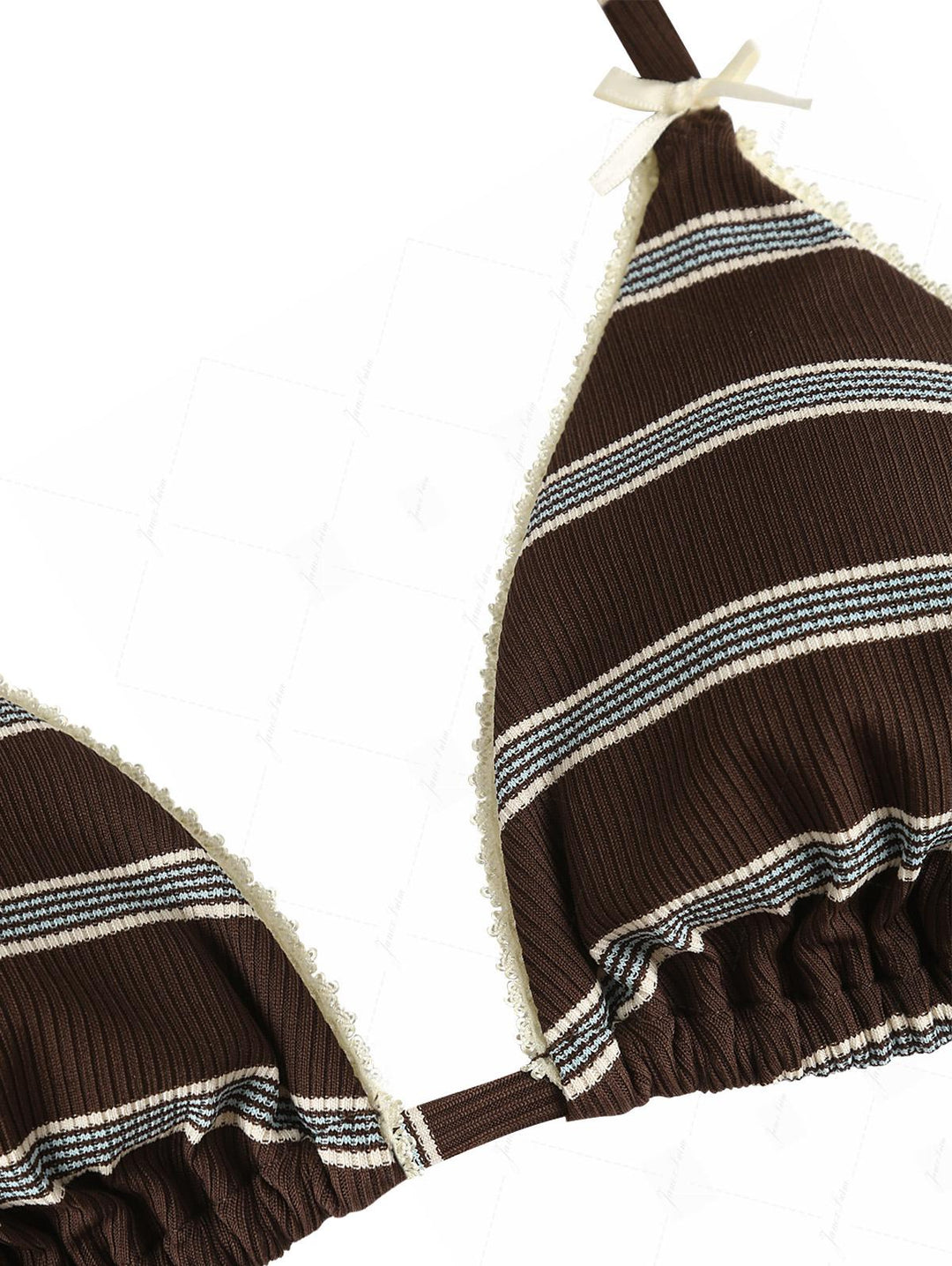 Deep Coffee Striped Lace Bowknot Halter Triangle Bikini Top