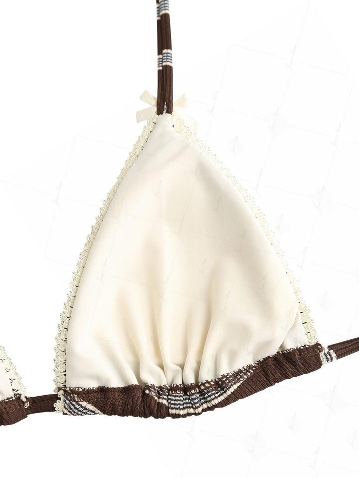 Deep Coffee Striped Lace Bowknot Halter Triangle Bikini Top
