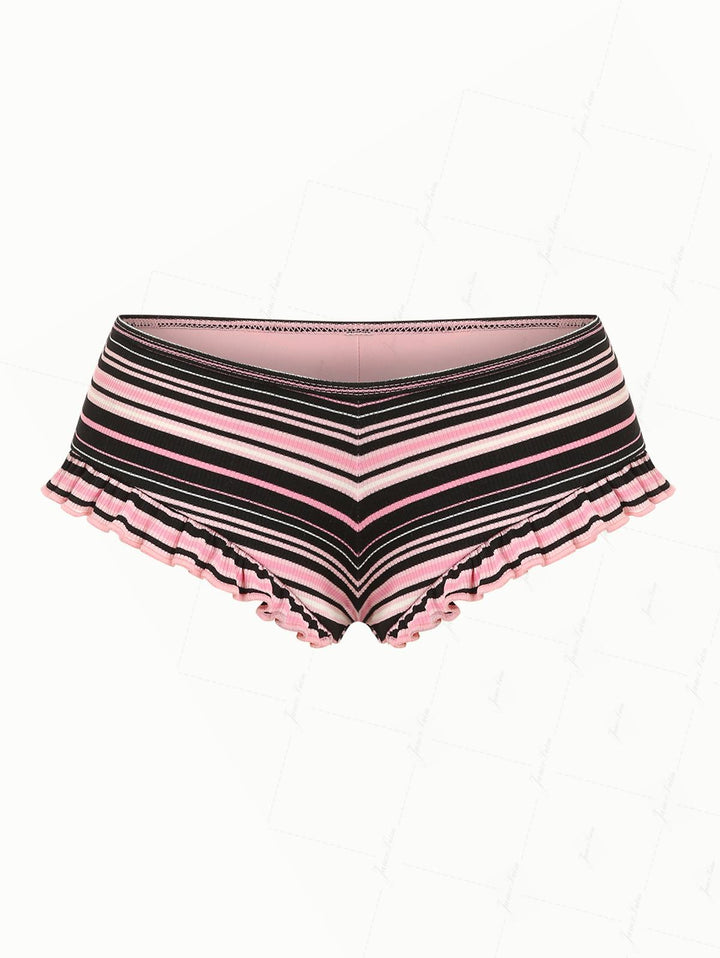 Pink Ribbed Knit Striped Ruffle Bikini Bottom Cheeky Swim Boyshorts