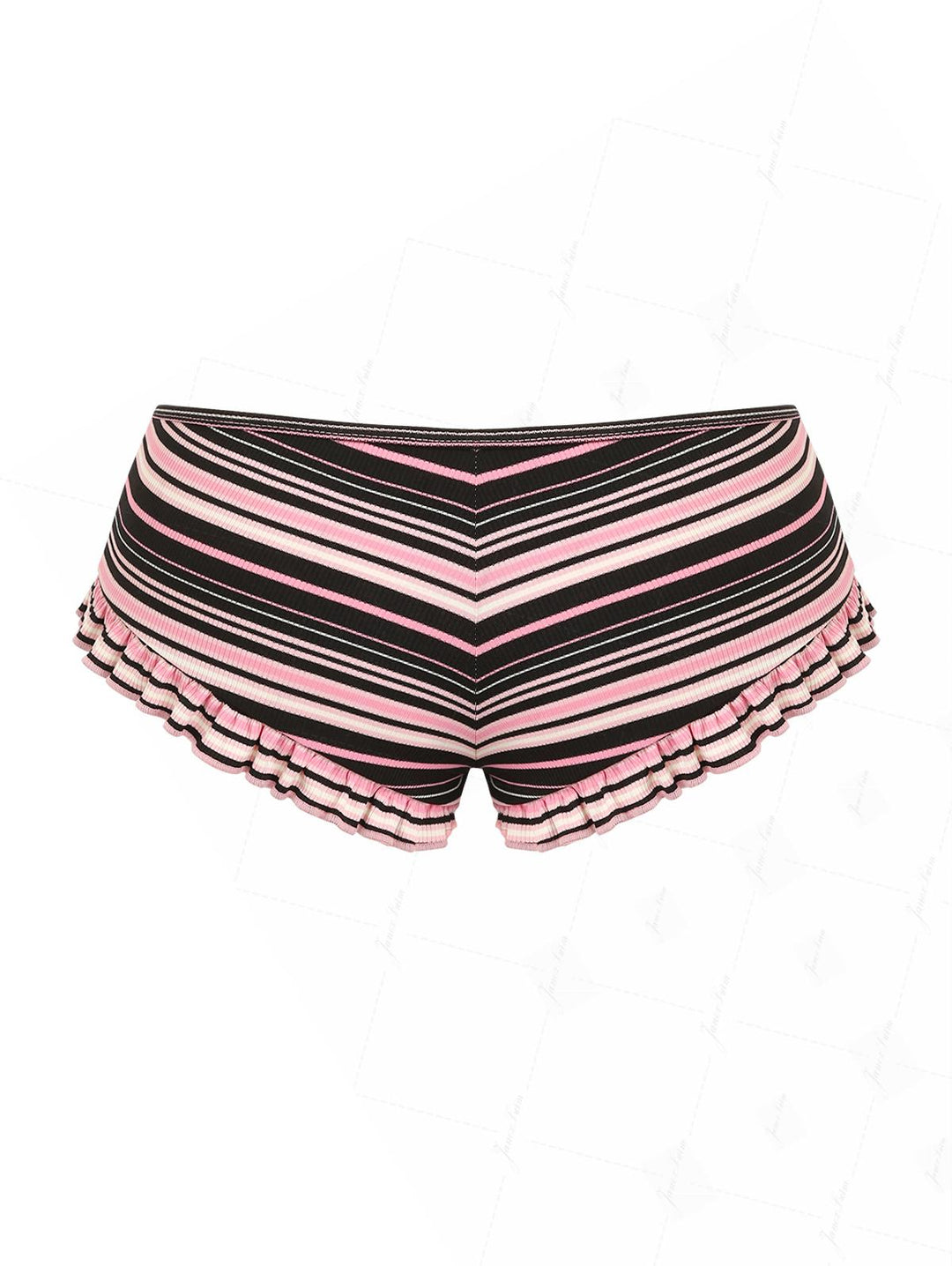 Pink Ribbed Knit Striped Ruffle Bikini Bottom Cheeky Swim Boyshorts